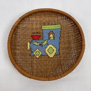 Handcrafted Cross Stitch Needlepoint Train Wicker Basket Bowl Decor Catchall